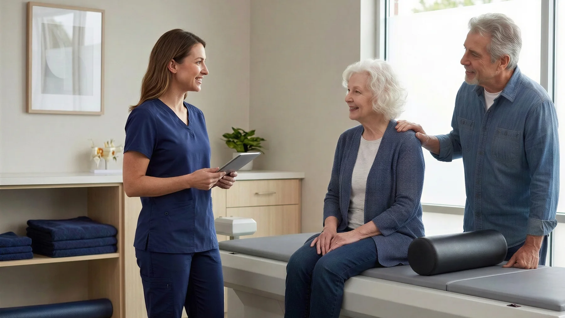 A technician in scrubs talking with an older couple; the wife sits on the edge of the VAX-D table while her husband stands beside her