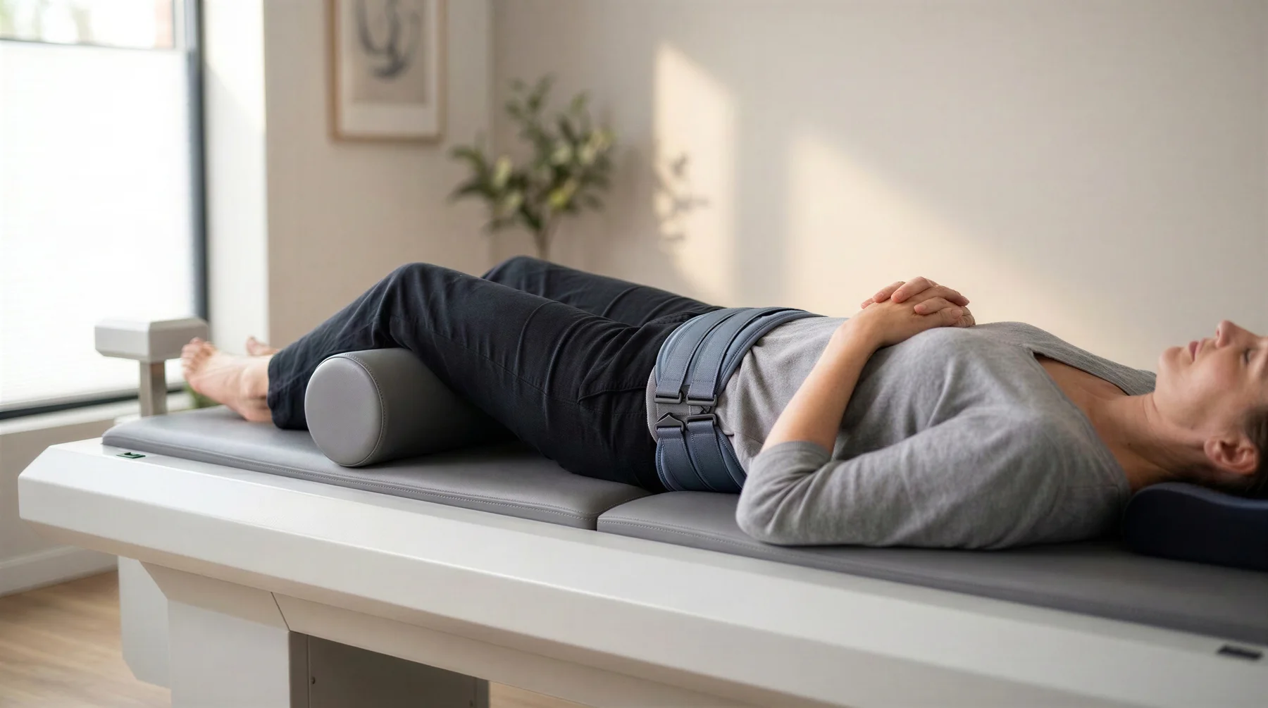 A woman resting on the VAX-D table with the pelvic harness fastened and a bolster under her knees